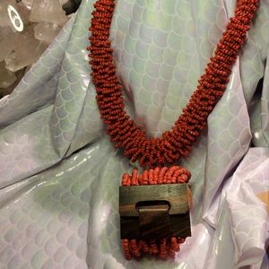 Red Orange Seed Beads Statement Necklace and Bracelet Cuff Set Modern